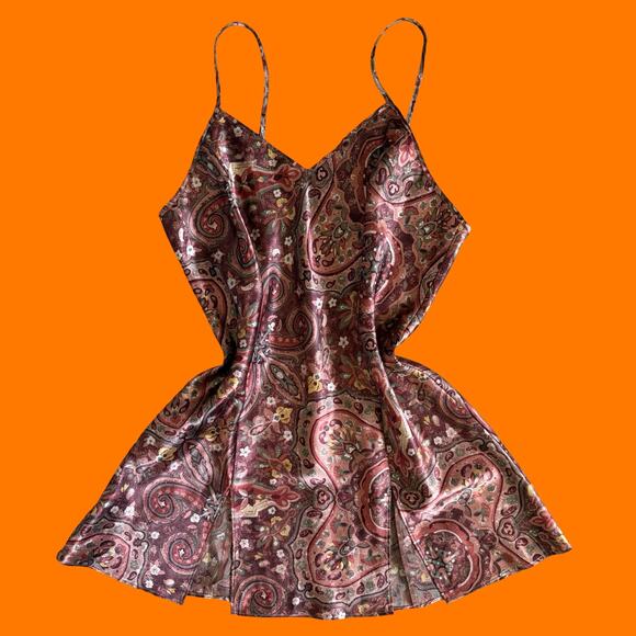 00's vintage brown floral satin y2k lingerie slip dress MEDIUM - Picture 1 of 6